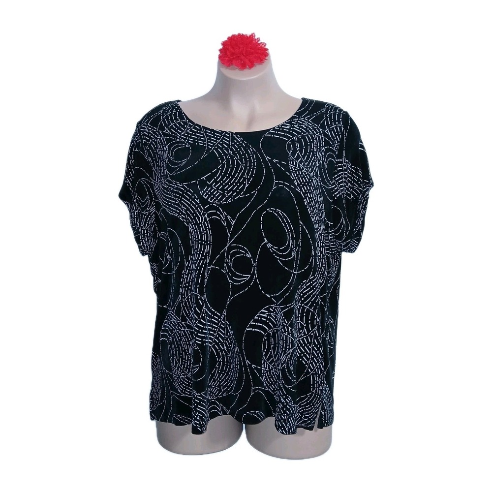Choices Travel Knit Top 3X Black Women Slinky Geometric Print Wrinkle Free